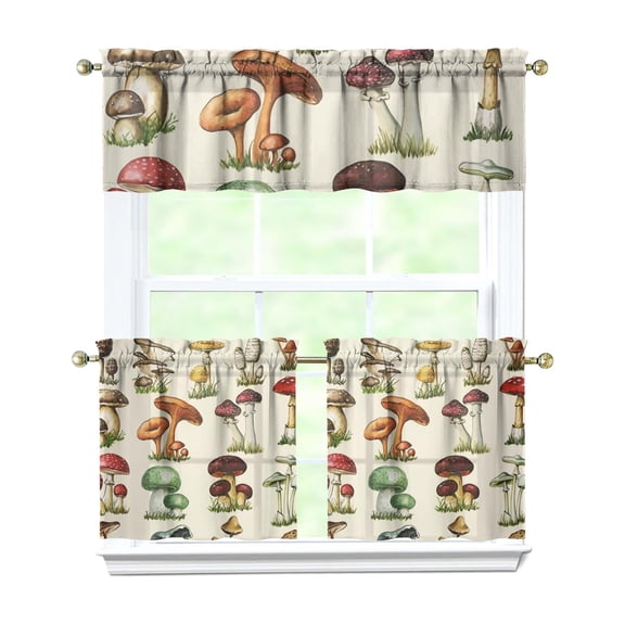 Woodland Mushroom Kitchen Curtains Set, Psychedelic and Trippy Mushroom Design, Rod Pocket Tier and Valance, Light Filtering and Eco-Friendly Panels