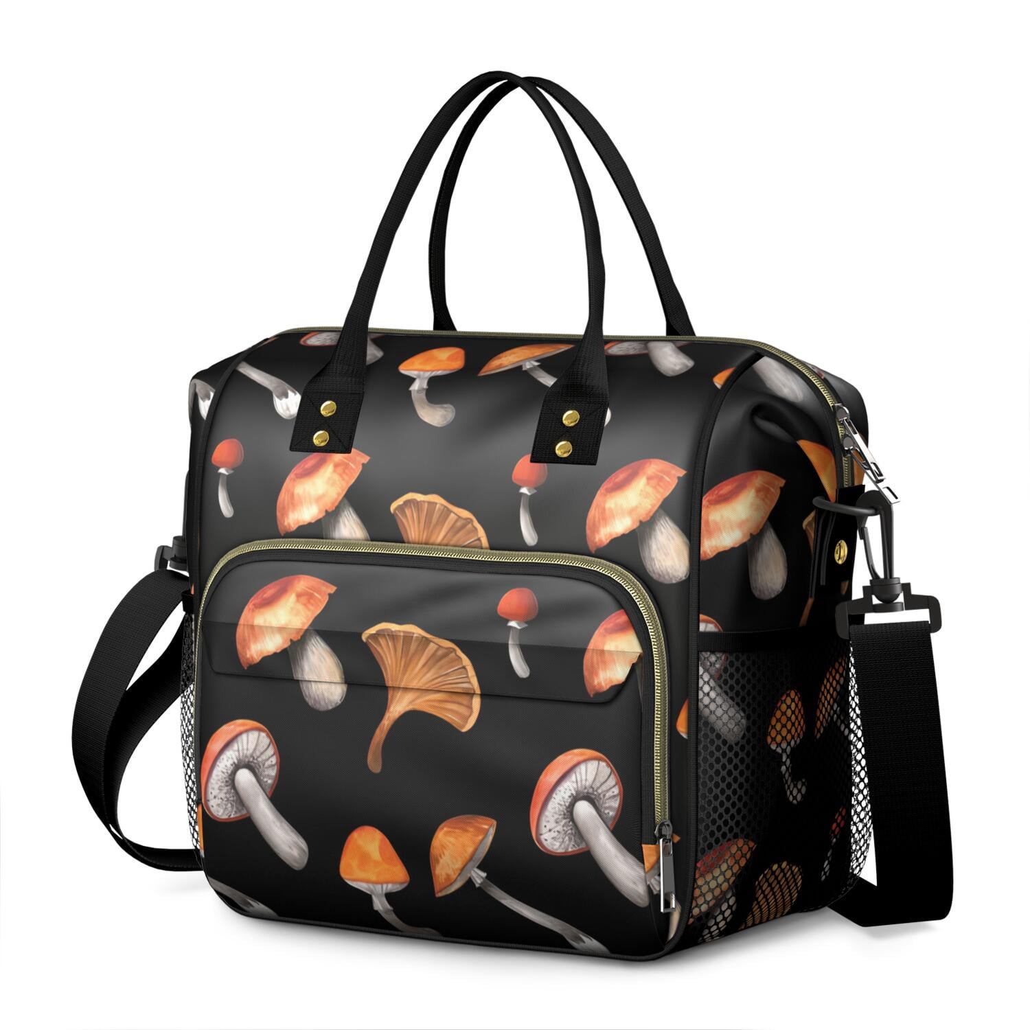 Woodland Mushroom Large Lunch Tote - Leakproof & Insulated Cooler Bag with Vintage Mushroom Print, Durable for Travel, Office, Gym, Easy-to-Clean Design