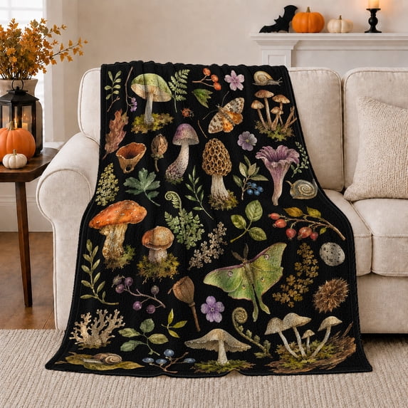 Woodland Mushroom Pattern Luna Moth Ferns Whimsical Botanical, Cozy Friendship Quote Scene, Warm Flannel Blanket for Living Room and Reading Nook, Art Lovers Friendship Gift, Artistic Home Decor