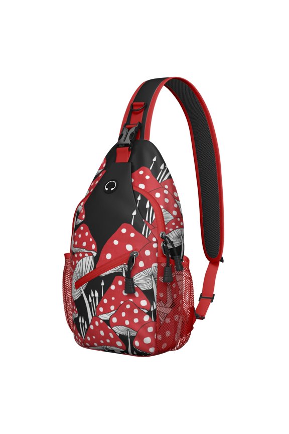 Woodland Mushroom Sling Backpack, Trippy Fungi Crossbody Bag with Boho Botanical Design, Psychedelic Aesthetic and Vintage Cottagecore Style