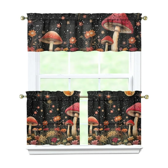 Woodland Mushroom Valance and Tier Set 27.5x24 inch, 3pcs Polyester Botanical Kitchen Curtains, Rustic Fall Window Treatment for Cafe, Bathroom, or Seasonal Decor