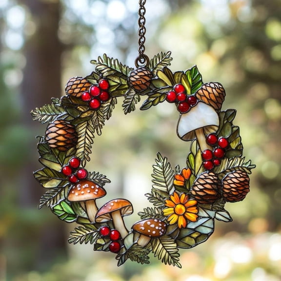 Woodland Mushroom Wreath Acrylic Suncatcher – Pinecone And Berry Faux Stained Glass Acrylic Window Hanging Gift For Fall Decor