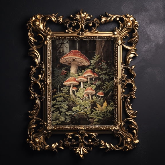 Woodland Mushrooms Wall Art Print, Deep Autumn Forest, Moody Moss, Floral Dark Academia, Cottagecore Fall, Holiday Bedroom And Home Decor