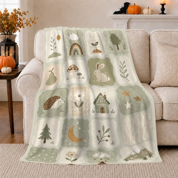 Woodland Nature Grid in Whimsical Illustrative Style for Baby Shower Shoppers, Rabbit Cottage Star Scene, Soft Flannel Blanket for Nursery and Playroom, Baby Shower Gift, Woodland Home Decor