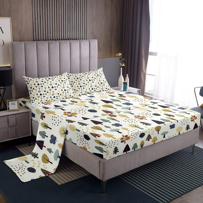 Woodland Nature Sheet Set King Cartoon Trees Print Bed Sheets for Kids Boys Girls Cabin Farmhorse Bedding Set Home Room Decor Cute Tree Mushroom Flower Fitted Sheet Top Sheet 2 Pillowcases Walmart