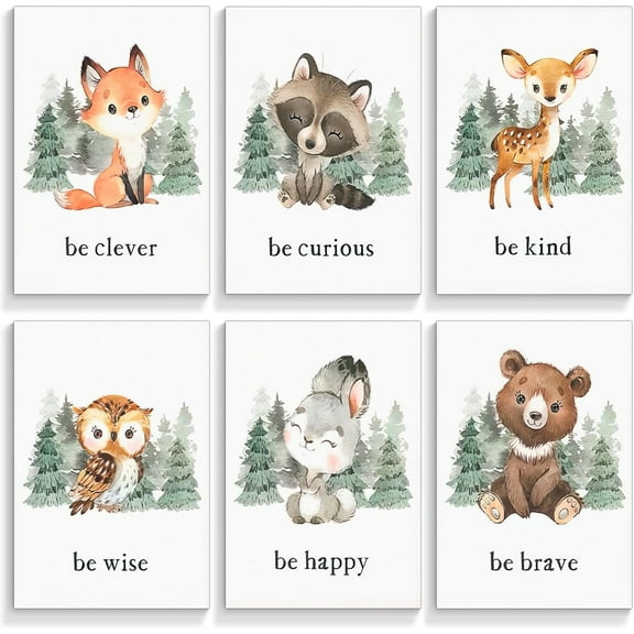 Woodland Nursery Animal Canvas Wall Art, 6 Piece Inspirational Forest Animals Print Posters, Motivational Quotes Cute Bear Fox Rabbit Deer Raccoon Owl Decor for Baby Bedroom 8x10in Unframed