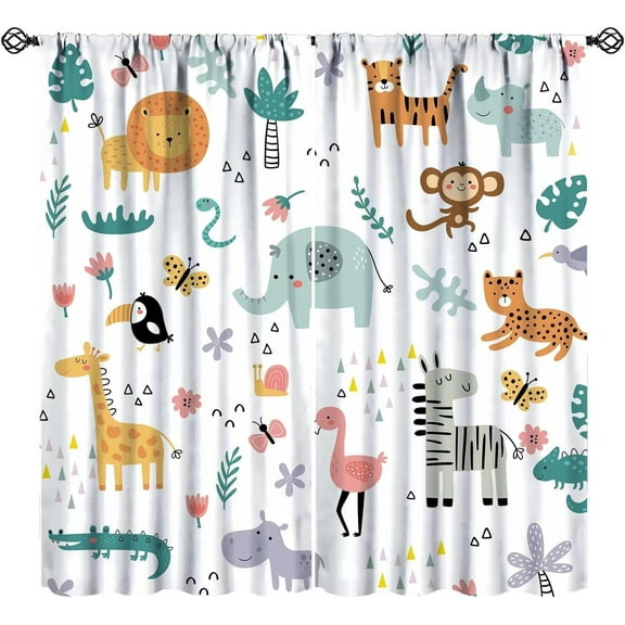 Woodland Nursery Blackout Curtains,Cartoon Jungle Lion Elephant Retro Safari Animals Watercolor Forest Pattern 2 Panel Rod Pocket Window Drapes for Kids Boy Bedroom Decor 27.5" W X 39" L