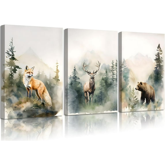 Woodland Nursery Canvas Wall Art Animals Wall Decor Forest Prints Posters Deer Bear Fox Watercolor Pictures Paintings for Boys Room Girls Room(only canvas)
