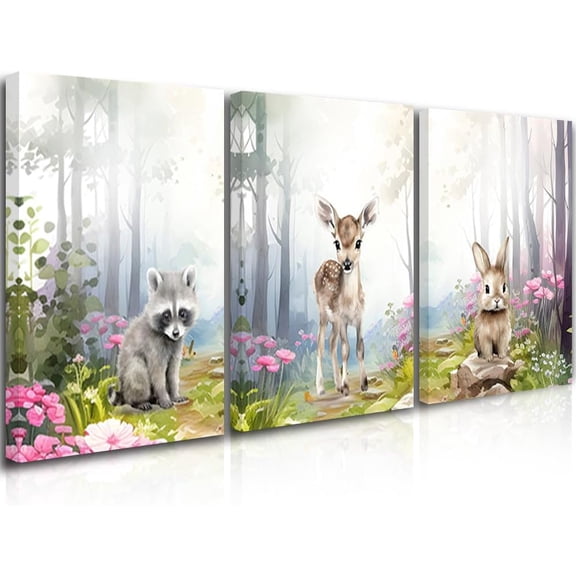Woodland Nursery Wall Art Wild Animals Forest Wall Decor Prints Adventure Theme Canvas Posters Brown Rabbit Bear Hedgehog Pictures Paintings for Boys Room Girls Room (only canvas)