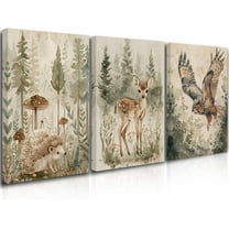 Woodland Nursery Wall Art Wild Animals Forest Wall Decor Prints Adventure Theme Canvas Posters Brown Rabbit Bear Hedgehog Pictures Paintings for Boys Room Girls Room (only canvas)