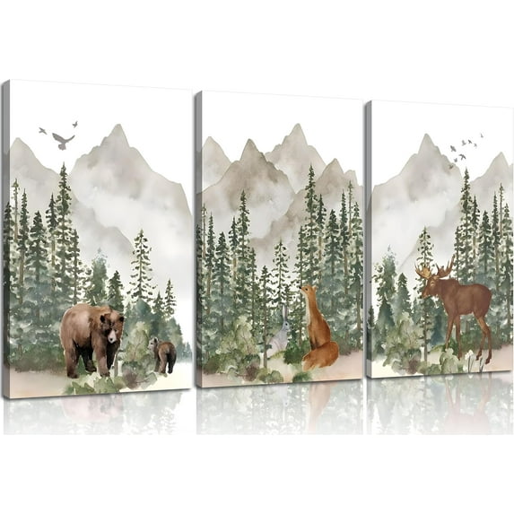 Woodland Nursery Wall Hieng Wild Animals Posters Pictures Foggy Forest Canvas Prints Adventure Theme Kids Wall Decor Watercolor Paintings for Children Boys Room Girls Room Framed