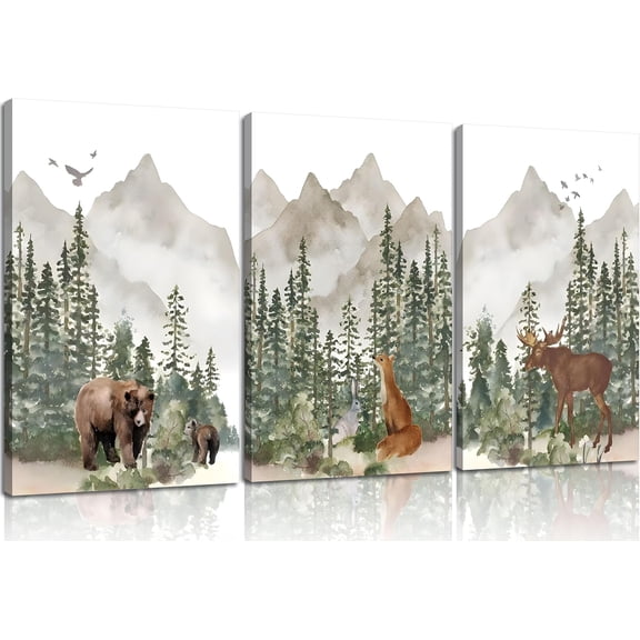 Woodland Nursery Wall Hieng Wild Animals Posters Pictures Foggy Forest Canvas Prints Adventure Theme Kids Wall Decor Watercolor Paintings for Children Boys Room Girls Room Framed
