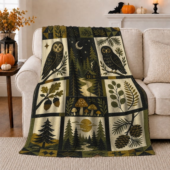 Woodland Owl Crescent Moon Rustic Forest Patchwork, Peaceful Bird Art Scene, Warm Flannel Blanket for Cabin and Lodge, Bird Lovers Housewarming Gift, Artistic Home Decor