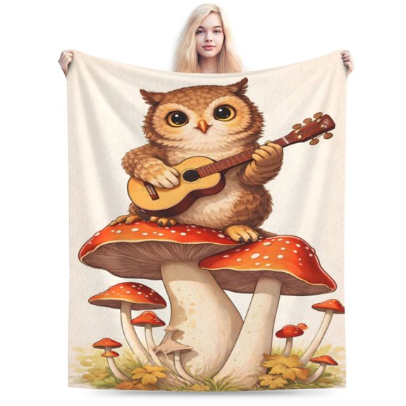 Woodland Owl Mushroom Blanket, Cottagecore Forest Art Throw, Rustic Autumn Fleece Blanket for Thanksgiving Fall Home Decor 50x40