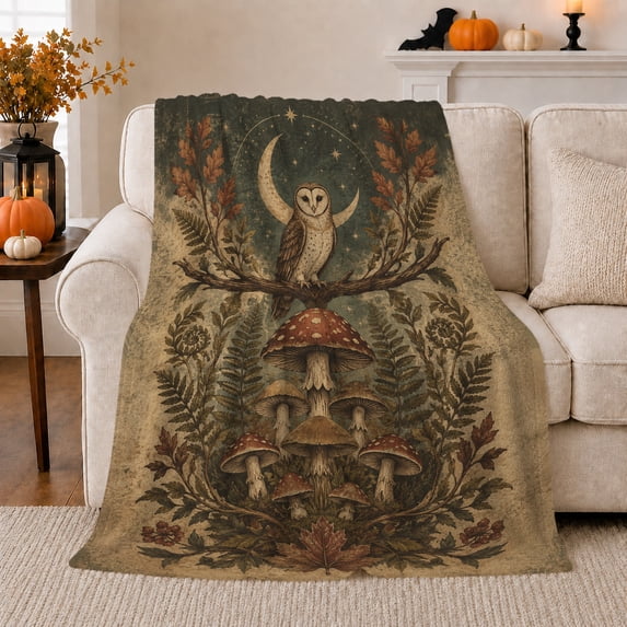 Woodland Owl With Owl And Moon Phases Moon Phase Forest Mystical Fantasy Art Nature Lovers Moonlit Forest Bird Motif Warm Flannel Blanket, Housewarming Gift for Cabin and Bedroom Home Decor