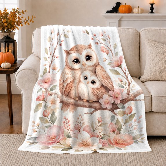 Woodland Owl With Owl And Moon Phases Moon Phase Forest Mystical Fantasy Art Nature Lovers Moonlit Forest Bird Motif Warm Flannel Blanket, Housewarming Gift for Cabin and Bedroom Home Decor