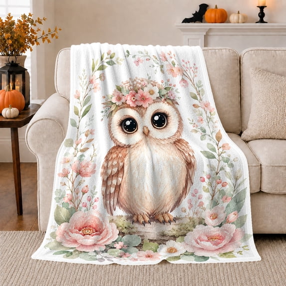 Woodland Owl With Owl And Moon Phases Moon Phase Forest Mystical Fantasy Art Nature Lovers Moonlit Forest Bird Motif Warm Flannel Blanket, Housewarming Gift for Cabin and Bedroom Home Decor