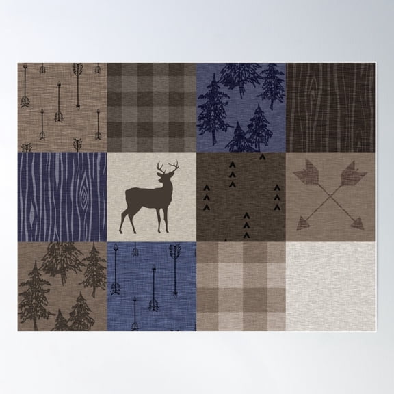 Woodland Patchwork Deer - Blue And Brown Poster Wall Art, Modern Wall Decor For Living Room Bedroom, 8x12 UNFRAMED