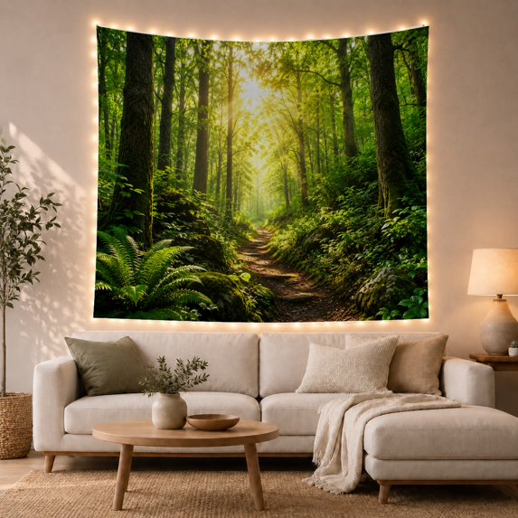 Woodland Path Beneath a Fern-Covered Canopy, Mystical Digital Art for Nature Lovers, Outdoor Wall Decor, Housewarming Gift, Tapestry Wall Hanging for Bedroom and Living Room