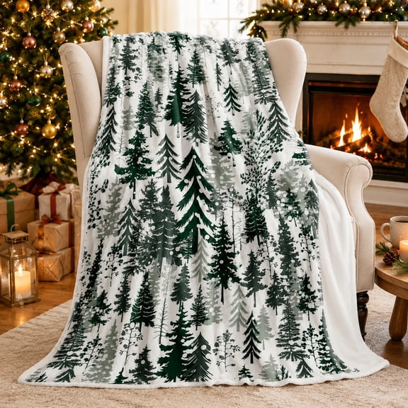 Woodland Pine Christmas Blanket with Green and Gray Forest Tree Pattern, Soft Flannel Holiday Throw for Couch, Bed and Minimalist Winter Decorating, 30 x 40 in