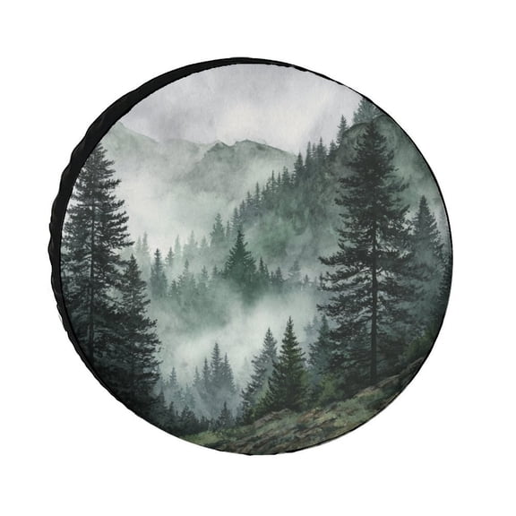 Woodland Pine Tree Landscape Camping Spare Tire Cover Misty Forest Nature Pine Trees Wheel Protectors Tire Covers Weatherproof Wheel Covers for Travel Trailer Camper Truck SUV Camper 12inch