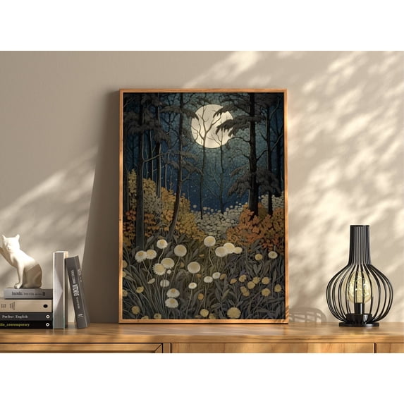 Woodland Prints, Moon And Flowers Print, Floral Moon Wall Art, Vintage Moon Print, Wildflowers Moon, Autumn Woodland, Vintage Nature Print Poster Unframed
