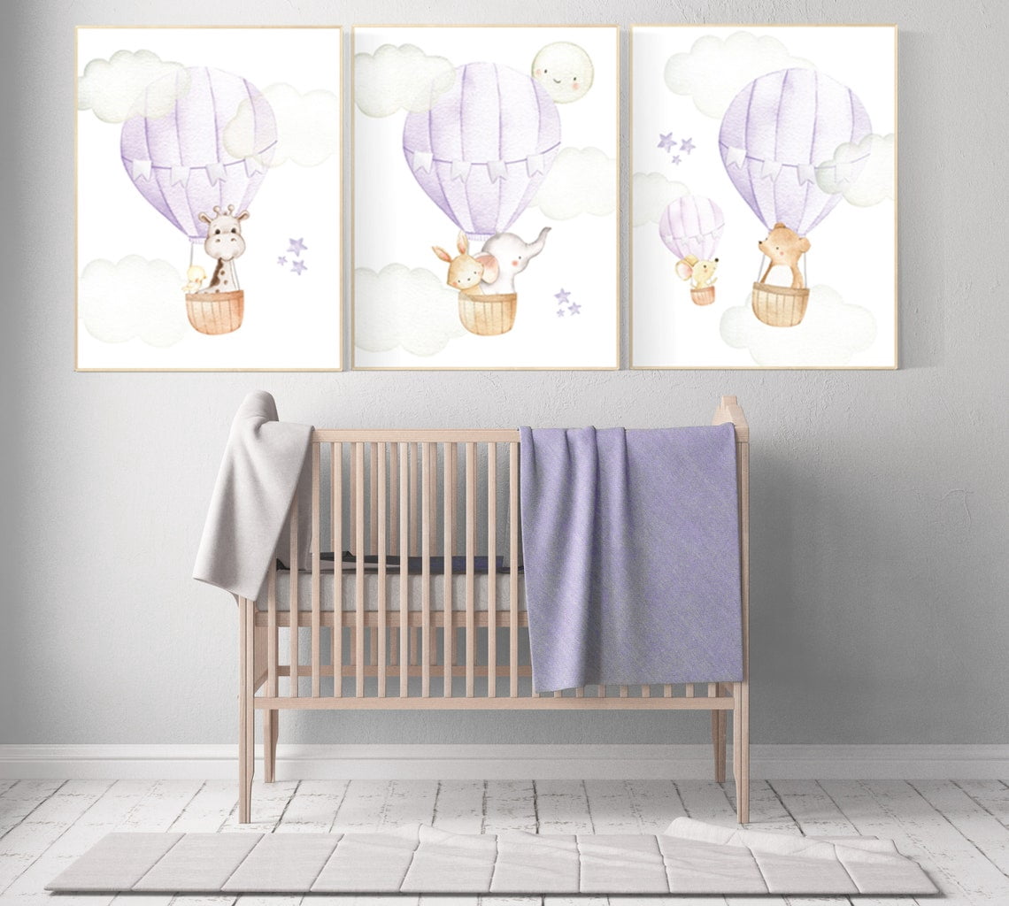 Woodland Purple Hot Air Balloon Animals Nursery Wall Art Prints ...