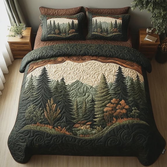 Woodland Quilted Bedding, Forest Mountain Quilt, Rustic Cabin Bedspread ...