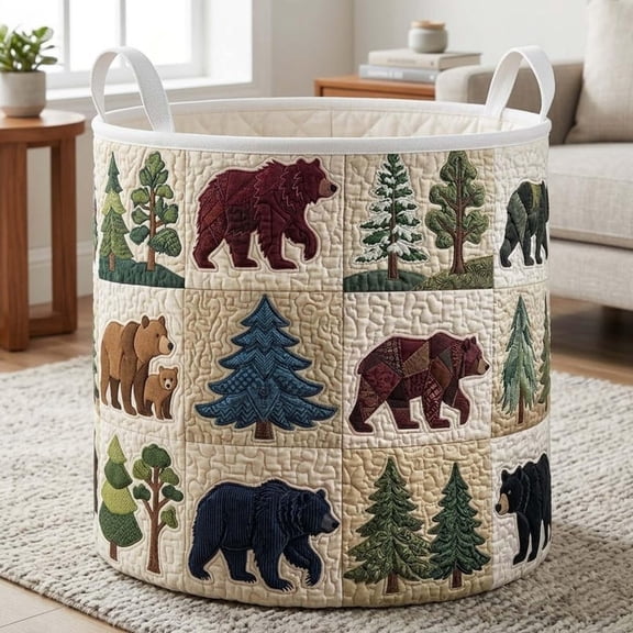 Woodland Quilted Laundry Basket, Bear Forest Clothes Hamper, Rustic Cabin Storage Bin