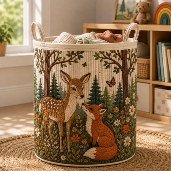 Woodland Quilted Laundry Basket, Fox And Deer Storage Hamper for Kids, Baby Shower Gift, Forest Clothes Nursery Decorations And Toys.