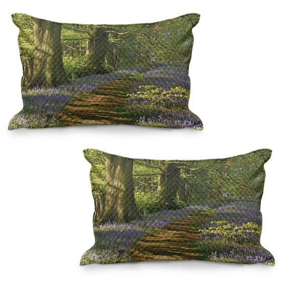 Woodland Quilted Pillowcover Set of 2, Carpet of Bluebells Spreads Through Woodland in Staffordshire England, Standard Queen Size Pillow Cover for Bedroom, 36" x 20", Green Purple Brown, by Ambesonne