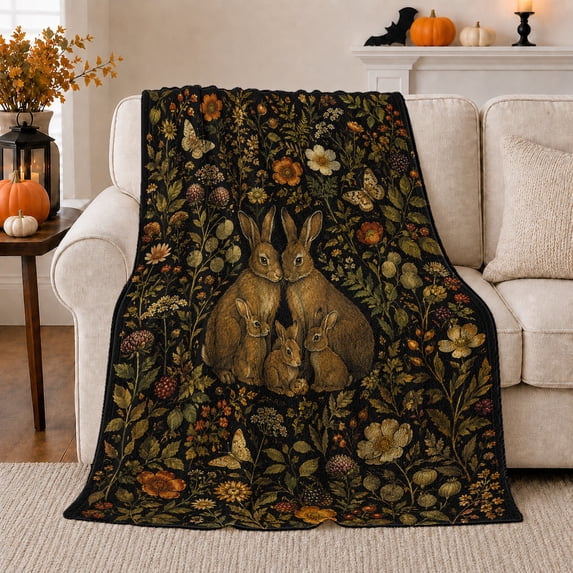 Woodland Rabbit Family Autumn Wildflowers, Peaceful Woodland Scene, Warm Flannel Blanket for Cabin and Lodge, Wildlife Lovers Thanksgiving Gift, Botanical Home Decor