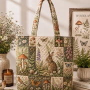 Woodland Rabbit Quilted Tote Bag, Forest Patchwork Shoulder Bag, Mushroom Cottagecore Market Tote, Nature Lover Gift ORD-ITI08