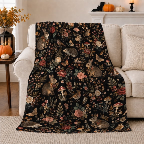 Woodland Rabbit Rose Forest, Cozy Woodland Scene, Warm Flannel Blanket for Cabin and Lodge with Detailed Artwork, Wildlife Lovers Housewarming Gift, Botanical Home Decor