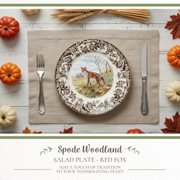 Woodland Red Fox Salad Plate - 8" Fine Earthenware Plate with British Flowers Border, Rustic Wildlife Design - Dishwasher, Microwave, Freezer & Oven Safe - Made in England