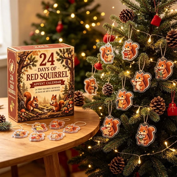 Woodland Red Squirrel Advent Calendar, 24 Day Festive Countdown With 24 Mini Squirrel Figurines, Holiday Decor For Mantel Shelf Tabletop Tiered Tray, Brown