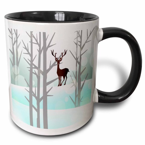3drose, Woodland Reindeer Modern Forest in Soft Green and White, 15oz Two-tone Black Mug