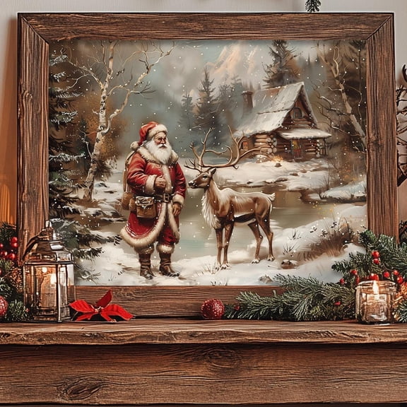 Woodland Santa, Old World Primitive Santa And Reindeer Decor, Vintage Wall Art Print, Rustic Farmhouse Winter Wall Art, Modern Wall Decor, 24x36 UNFRAMED