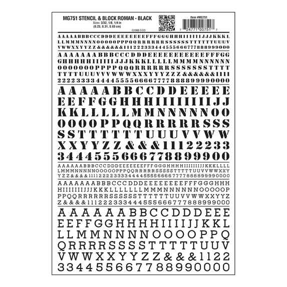 Woodland Scenics MG751 Stencil/Block Roman Ltr/Num Blck 3/32 1/8 1/4 ...
