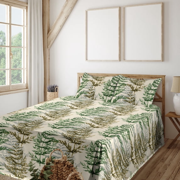 Ambesonne Woodland Fitted & Flat Sheet with Sham 3 Pcs Set, Nature Woods Pattern Boho, Twin, Beige Emerald and Fawn