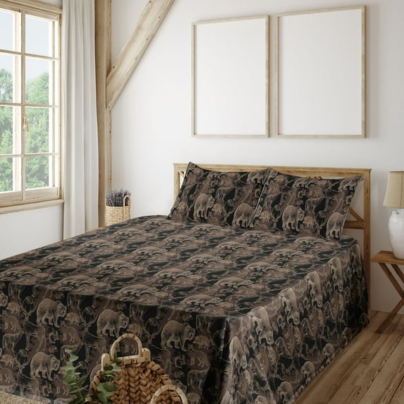 Ambesonne Woodland Fitted & Flat Sheet with Sham 3 Pcs Set, Wild Pattern Bear Deer Fox, Twin, Black Beige and Umber