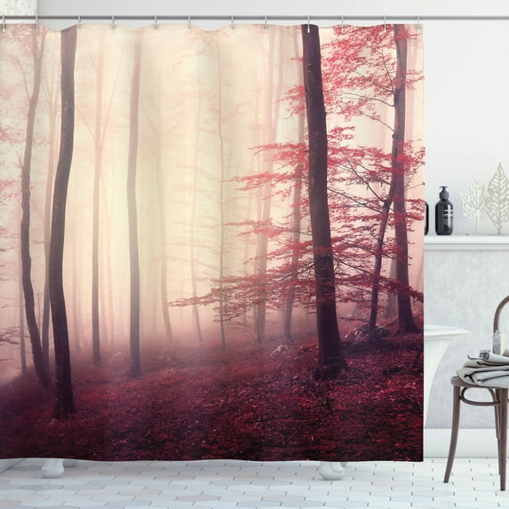 Woodland Shower Curtain, Fantasy Marsala Color Foggy Forest Jungle Dreamy Wilderness Woods Sunlight, Cloth Fabric Bathroom Decor Set with Hooks, 69" W x 70" L, Burgundy Cream, by Ambesonne