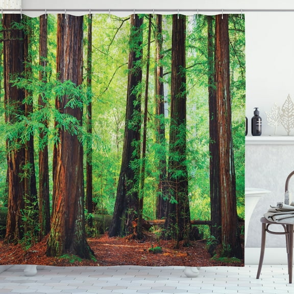 Woodland Shower Curtain, Redwood Trees Northwest Rain Forest Tropical Scenic Wild Nature Branch, Cloth Fabric Bathroom Decor Set with Hooks, 69" W x 70" L, Brown Green, by Ambesonne