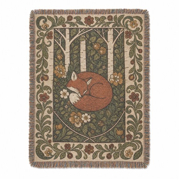 Woodland Sleeping Fox in Earthy Green and Rust Woven Throw Blanket, Woven Cotton with Fringed Edges, Botanical Folk Style for Sofa or Bed
