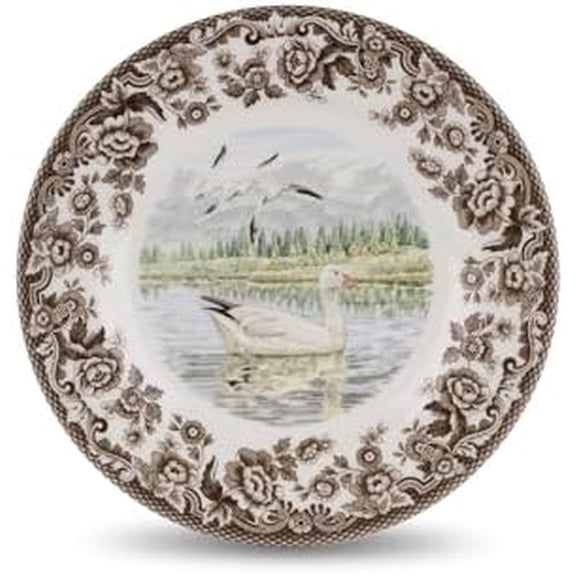 Woodland Snow Goose Dinner Plate - 10.5 Inch Fine Earthenware with British Flowers Border, Microwave, Freezer, Dishwasher & Warm Oven Safe - Hunting-Themed Thanksgiving Plate, Made in England