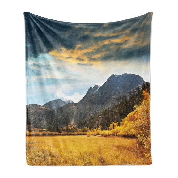 Woodland Soft Flannel Fleece Blanket, Autumn in Mountain Yellow Colored Grassland Sun Rays Clouds Cloudscape, Cozy Plush for Indoor and Outdoor Use, 60" x 80", Earth Yellow Bluegrey, by Ambesonne