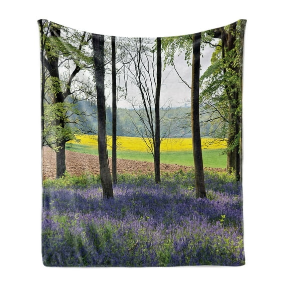 Woodland Soft Flannel Fleece Blanket, Bluebells in Wepham Woods Wildflower Spring Rural Environment Photo Print, Cozy Plush for Indoor and Outdoor Use, 50" x 70", Purple Yellow Green, by Ambesonne