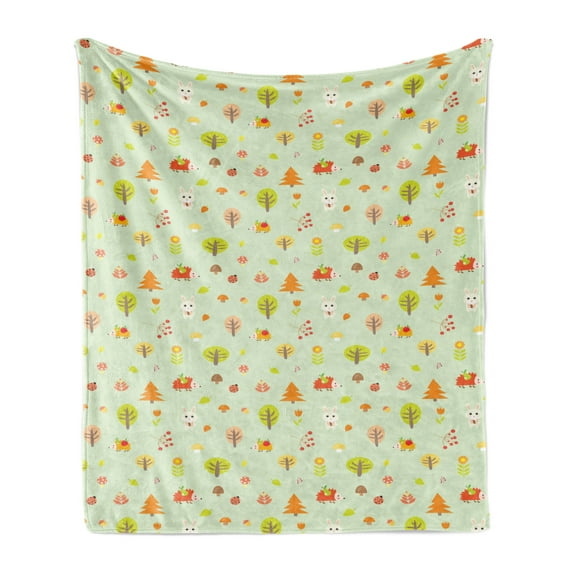 Woodland Soft Flannel Fleece Blanket, Cartoon Pattern of Autumn Forest Elements Trees Flowers Hedgehog Bunny September, Cozy Plush for Indoor and Outdoor Use, 60" x 80", Multicolor, by Ambesonne