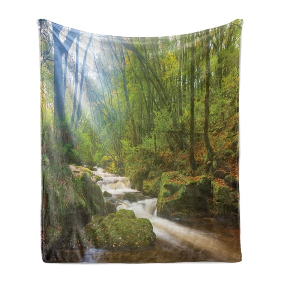Woodland Soft Flannel Fleece Blanket, Forest Scene at Golitha Falls Nature Reserve on the River Fowey Cornwall England, Cozy Plush for Indoor and Outdoor Use, 50" x 60", Green Brown, by Ambesonne