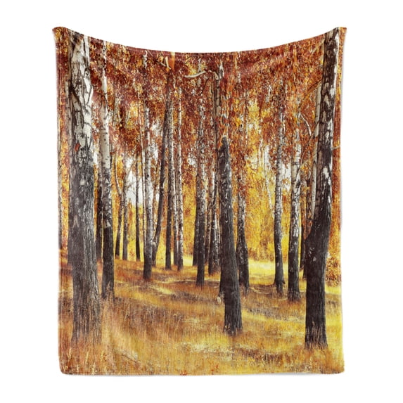 Woodland Soft Flannel Fleece Blanket, Jungle in Fall with Yellow Birches and Dry Herb Autumn Leaves Warm Weather Photo, Cozy Plush for Indoor and Outdoor Use, 60" x 80", Orange Brown, by Ambesonne
